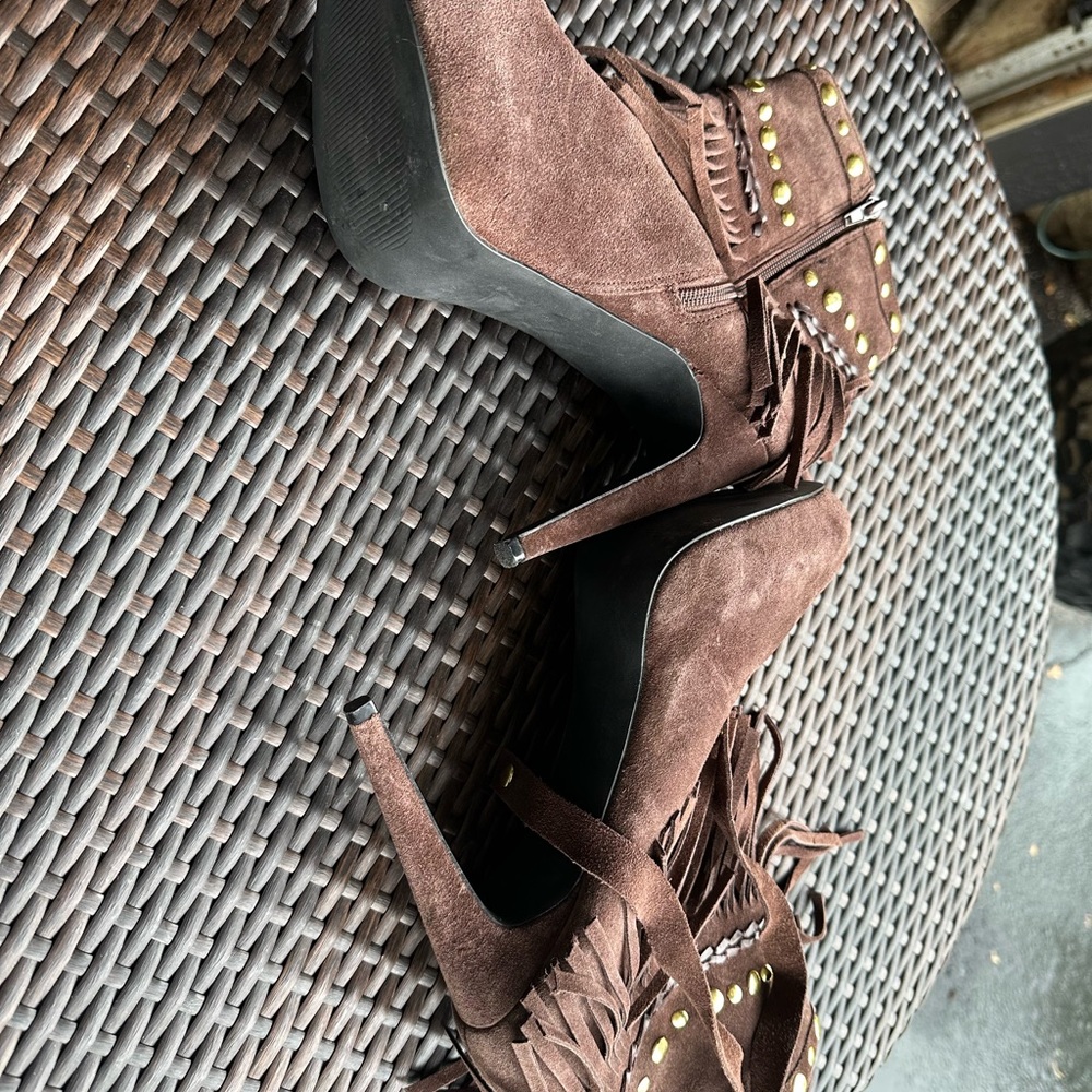 Brown suede booties with fringes and gold studs 4 inch heels size 10.